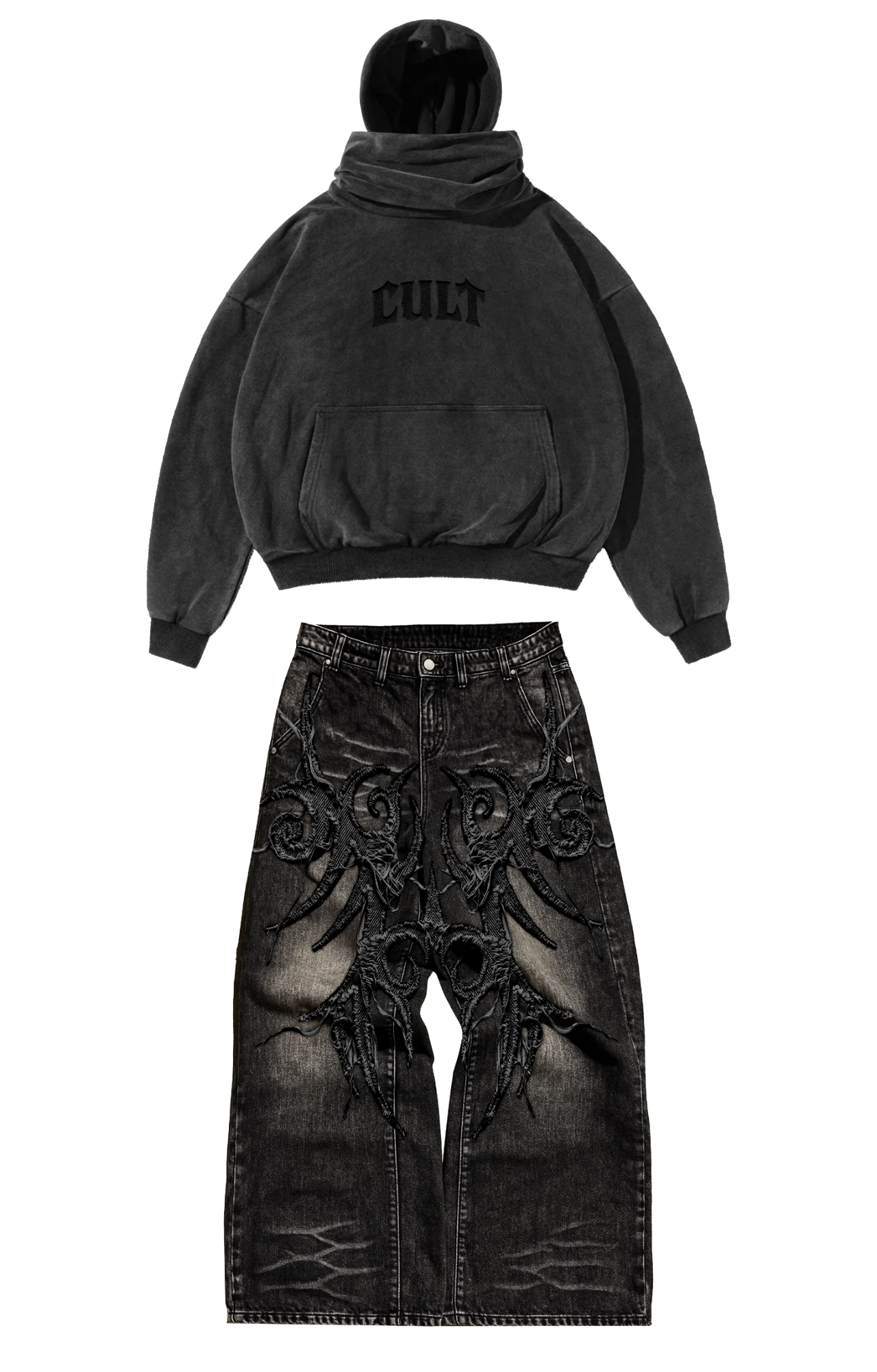 Masked Hoodie + Embroidery Jeans Set (PRE-ORDER)
