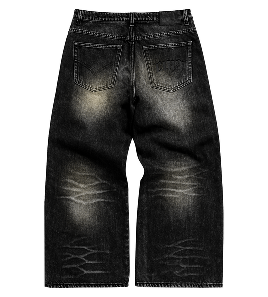 Ash Black Embroidered Baggy Denim (PRE-ORDER)