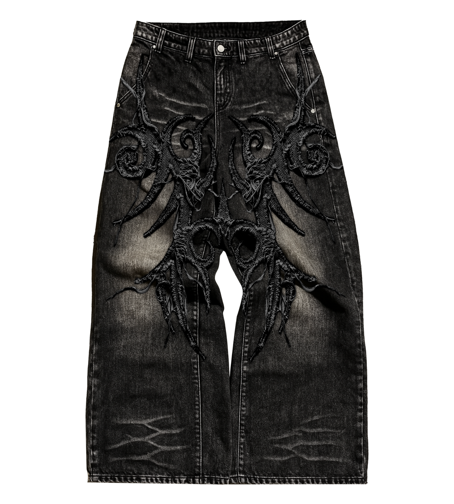 Ash Black Embroidered Baggy Denim (PRE-ORDER)