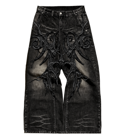 Ash Black Embroidered Baggy Denim (PRE-ORDER)