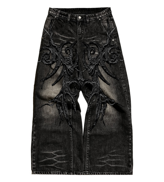 Ash Black Embroidered Baggy Denim (PRE-ORDER)